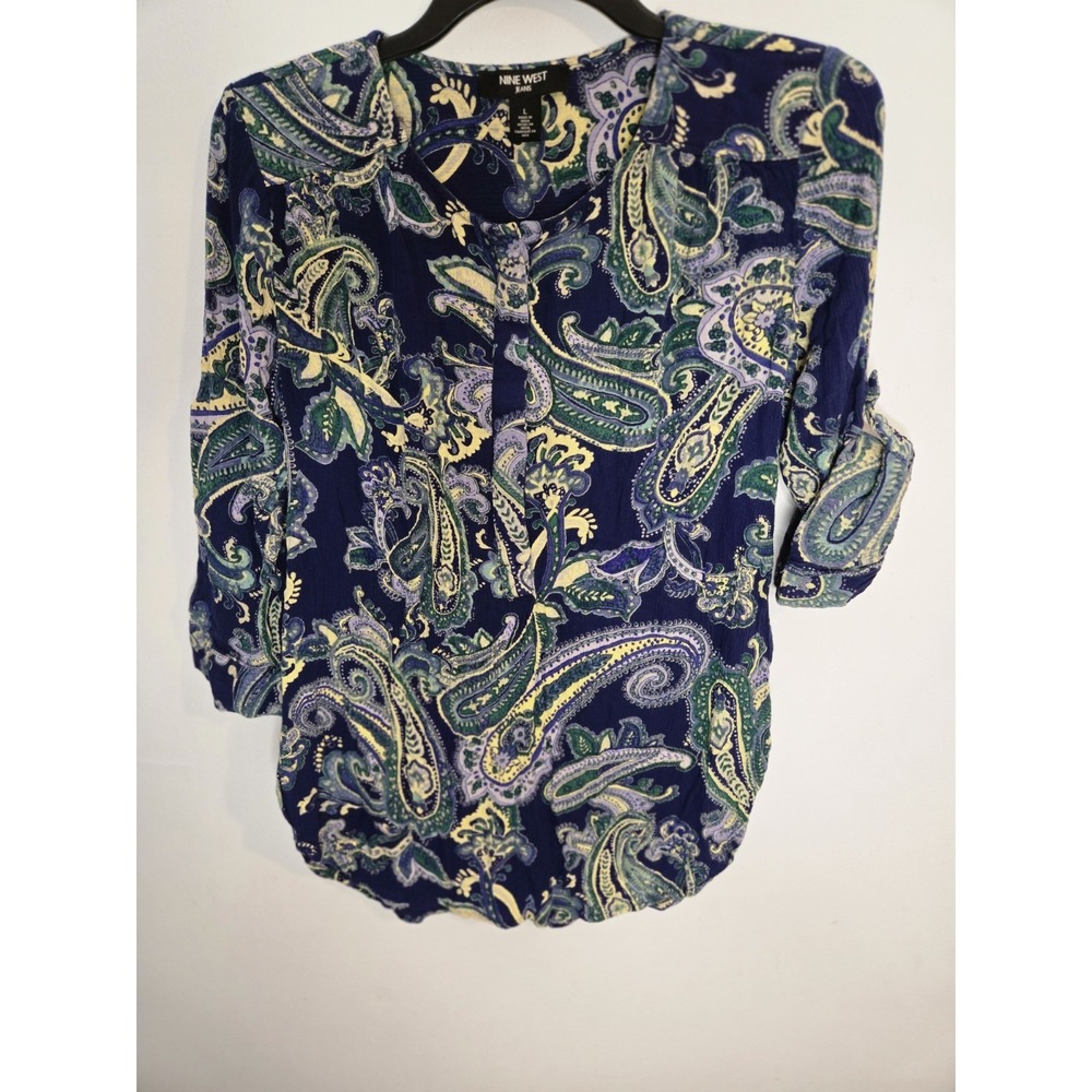 Nine West  Large Navy & Green Roll Sleeve Paisley Blouse Coastal Grandma Classic